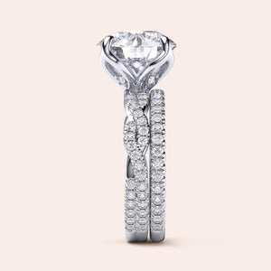 Radiant cut diamond engagement ring in 14K or 18K white gold or platinum with Pave diamond band, front view.