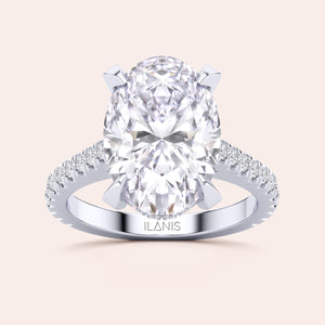 Radiant cut diamond engagement ring in 14K or 18K white gold or platinum with Pave diamond band, front view.