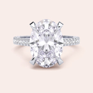 Radiant cut diamond engagement ring in 14K or 18K white gold or platinum with Pave diamond band, front view.
