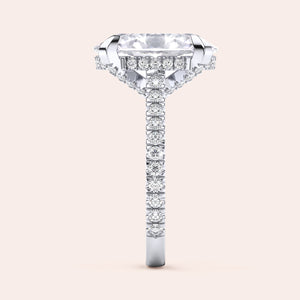 Radiant cut diamond engagement ring in 14K or 18K white gold or platinum with Pave diamond band, front view.