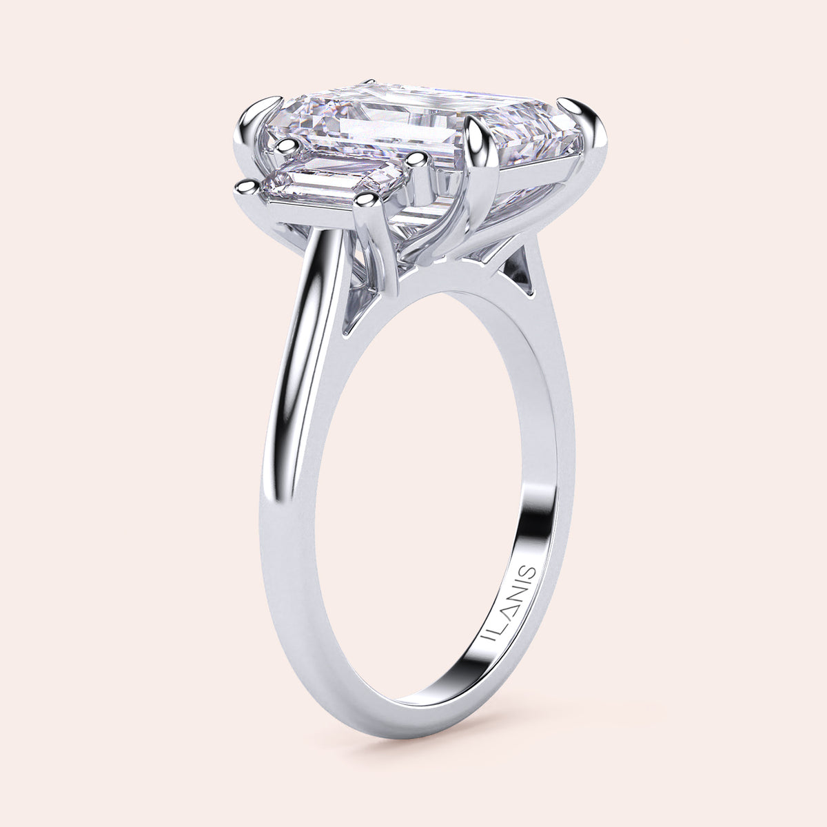 Radiant cut diamond engagement ring in 14K or 18K white gold or platinum with Pave diamond band, front view.