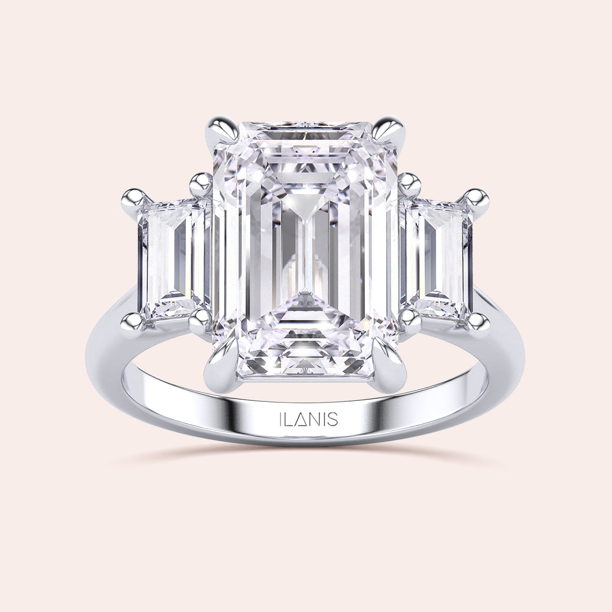 Radiant cut diamond engagement ring in 14K or 18K white gold or platinum with Pave diamond band, front view.