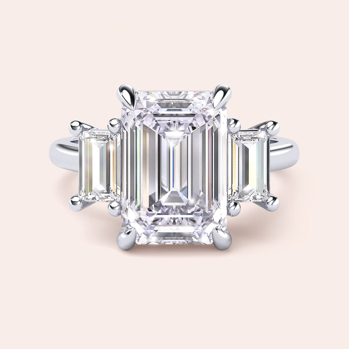 Radiant cut diamond engagement ring in 14K or 18K white gold or platinum with Pave diamond band, front view.