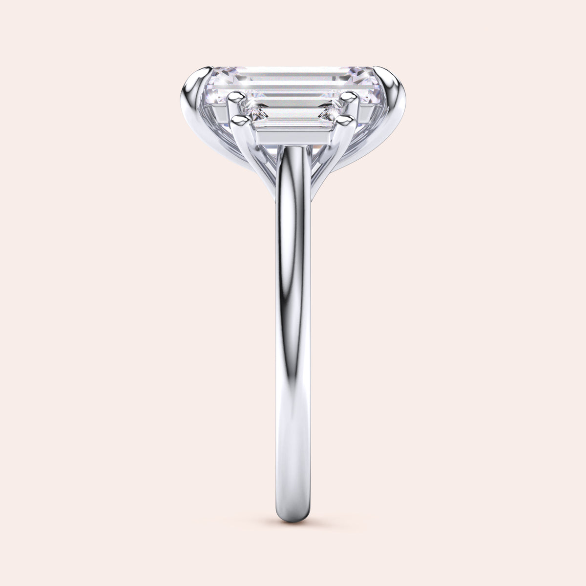 Radiant cut diamond engagement ring in 14K or 18K white gold or platinum with Pave diamond band, front view.