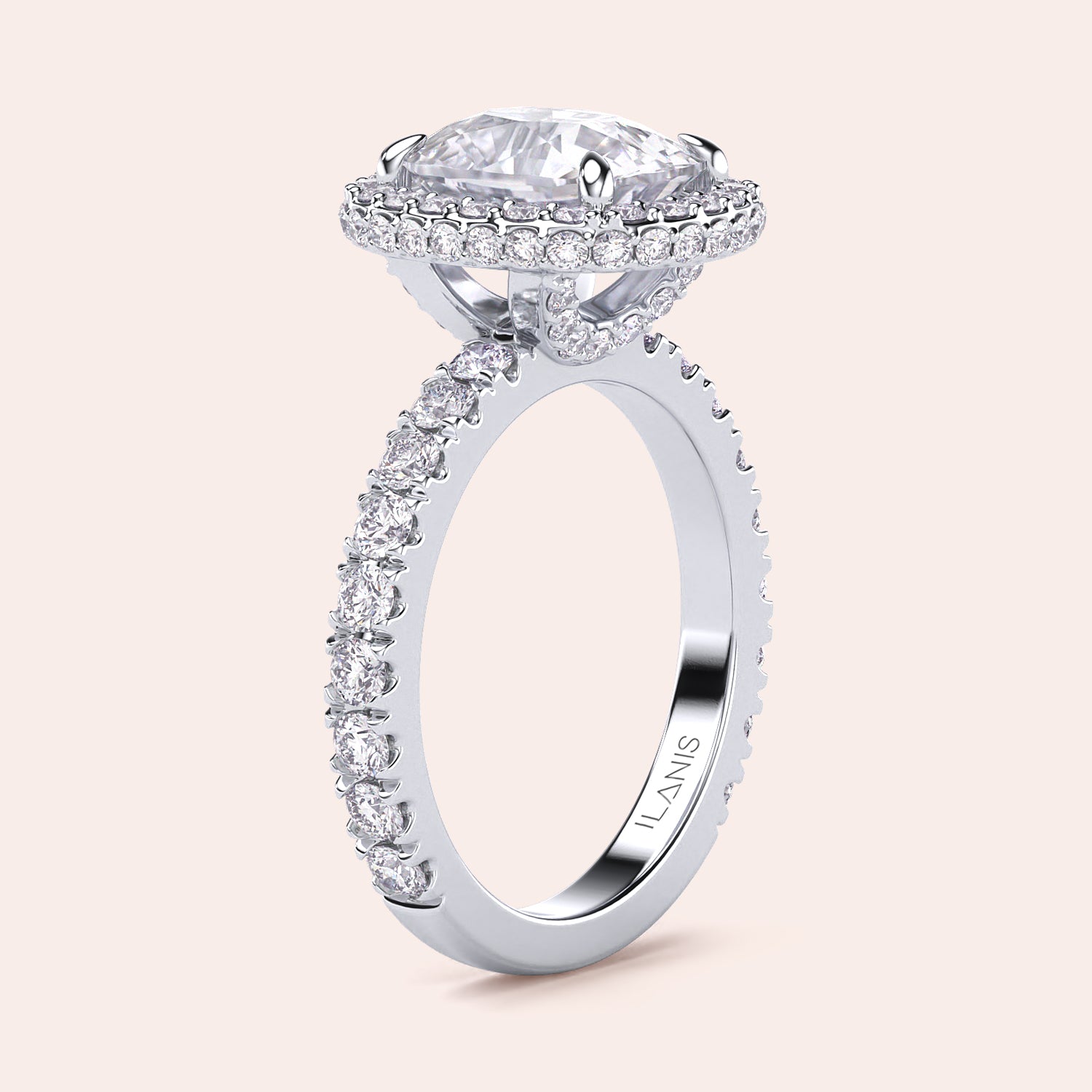 Radiant cut diamond engagement ring in 14K or 18K white gold or platinum with Pave diamond band, front view.|

#14KRecycledWhiteGold
#18KRecycledWhiteGold








#Platinum