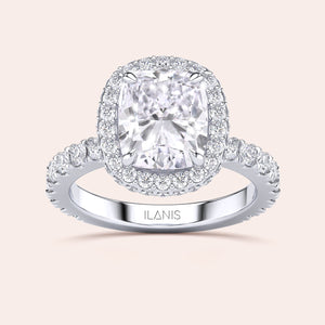 Radiant cut diamond engagement ring in 14K or 18K white gold or platinum with Pave diamond band, front view.