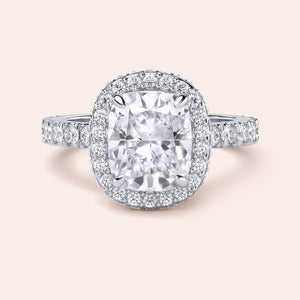 Radiant cut diamond engagement ring in 14K or 18K white gold or platinum with Pave diamond band, front view.