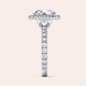 Radiant cut diamond engagement ring in 14K or 18K white gold or platinum with Pave diamond band, front view.