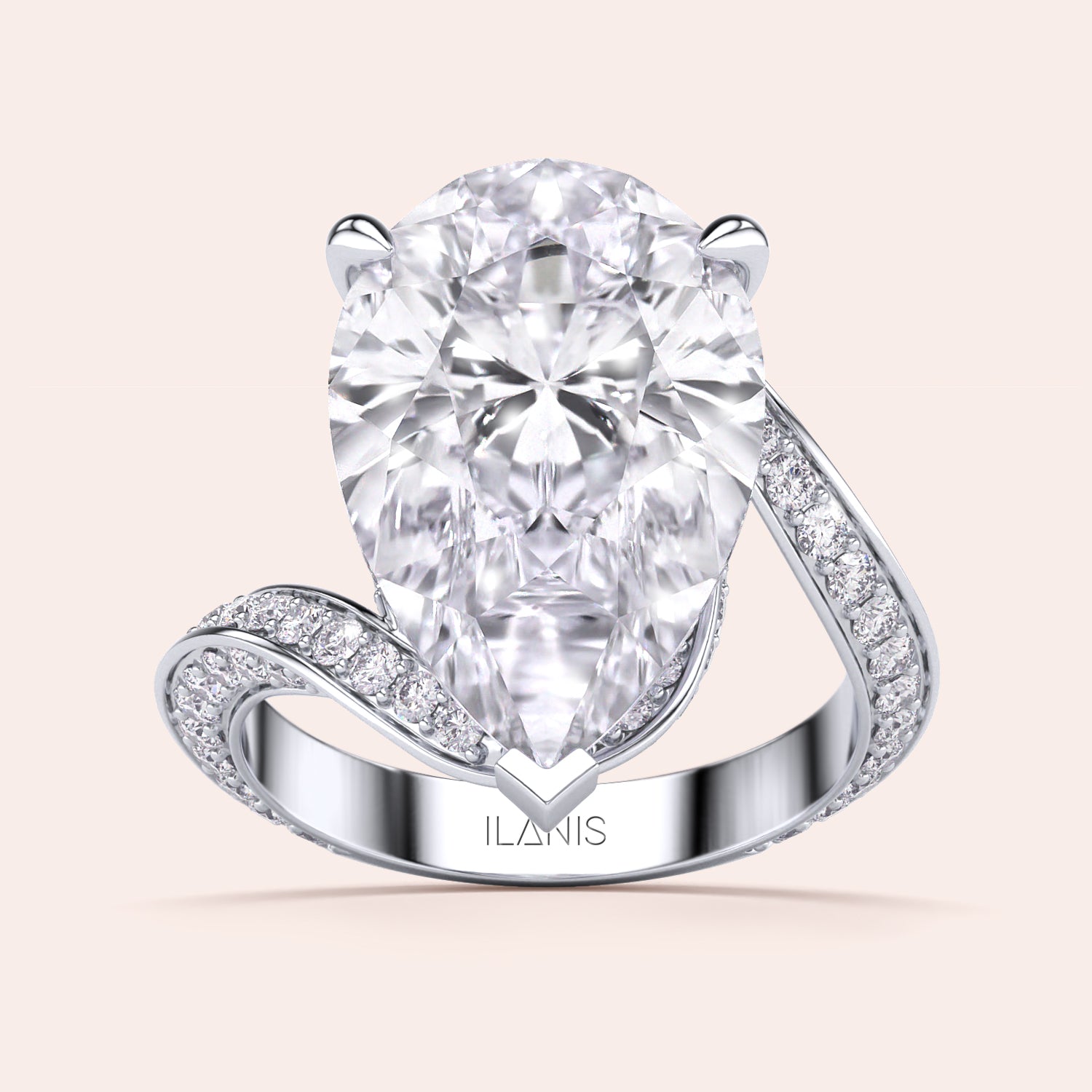 Elegant pear-shaped diamond engagement ring in 14K/18K gold or platinum, featuring a sparkling diamond-studded band.