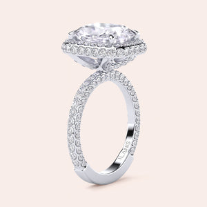 Radiant cut diamond engagement ring in 14K or 18K white gold or platinum with Pave diamond band, front view.