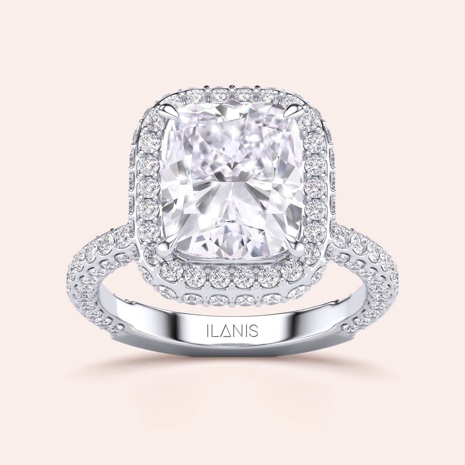 Radiant cut diamond engagement ring in 14K or 18K white gold or platinum with Pave diamond band, front view.|

#14KRecycledWhiteGold
#18KRecycledWhiteGold








#Platinum