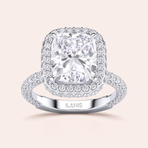 Radiant cut diamond engagement ring in 14K or 18K white gold or platinum with Pave diamond band, front view.