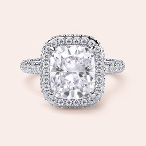 Radiant cut diamond engagement ring in 14K or 18K white gold or platinum with Pave diamond band, front view.