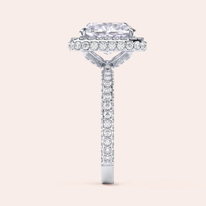 Radiant cut diamond engagement ring in 14K or 18K white gold or platinum with Pave diamond band, front view.
