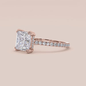 "Rose Gold 14K Jalee Princess Engagement Ring with Invisible Gallery, Hidden Halo, and Pave Band for elegant sparkle.