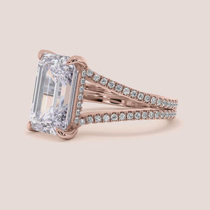 "Rose Gold 14K Emerald Split Shank Hidden Halo Engagement Ring with Invisible Gallery, Elegant Design for Timeless Love.