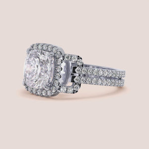 "Elegant 14K white gold cushion halo split shank engagement ring, featuring a stunning design perfect for a timeless proposal.