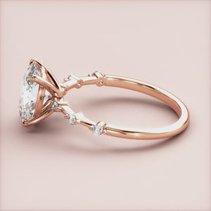 "Rose Gold 14K oval diamond engagement ring, sparkling twinkles on band, perfect for romantic proposals.