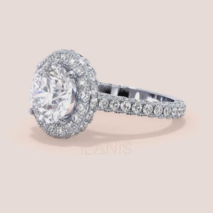 White gold round halo engagement ring  diamond pavé band bridal jewelry video 