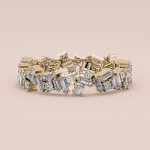 Elegant diamond baguette and round cut eternity wedding band in 14K/18K gold or platinum, featuring a sophisticated design. 