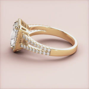 "14K yellow gold radiant halo split shank cathedral pave band engagement ring, exquisite design for the Taurus zodiac sign.