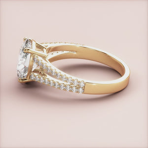 "14K Yellow Gold oval cathedral split shank pave band engagement ring with sparkling diamonds, elegant and stunning design.