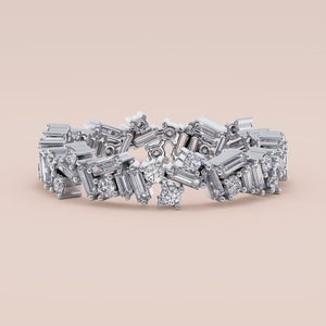 Elegant 14K and 18K gold or platinum diamond eternity band with baguette cut diamonds, perfect for weddings or special occasions. 