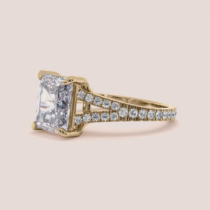 14K Yellow Gold Zoya Radiant Split Shank Cathedral Engagement Ring, a stunning blend of elegance and contemporary design.