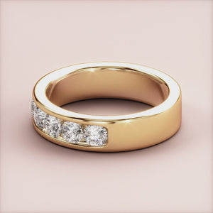 Stunning 14K/18K Gold Round Channel Half Eternity Wedding Band with brilliant diamonds, perfect for engagements and special occasions. 