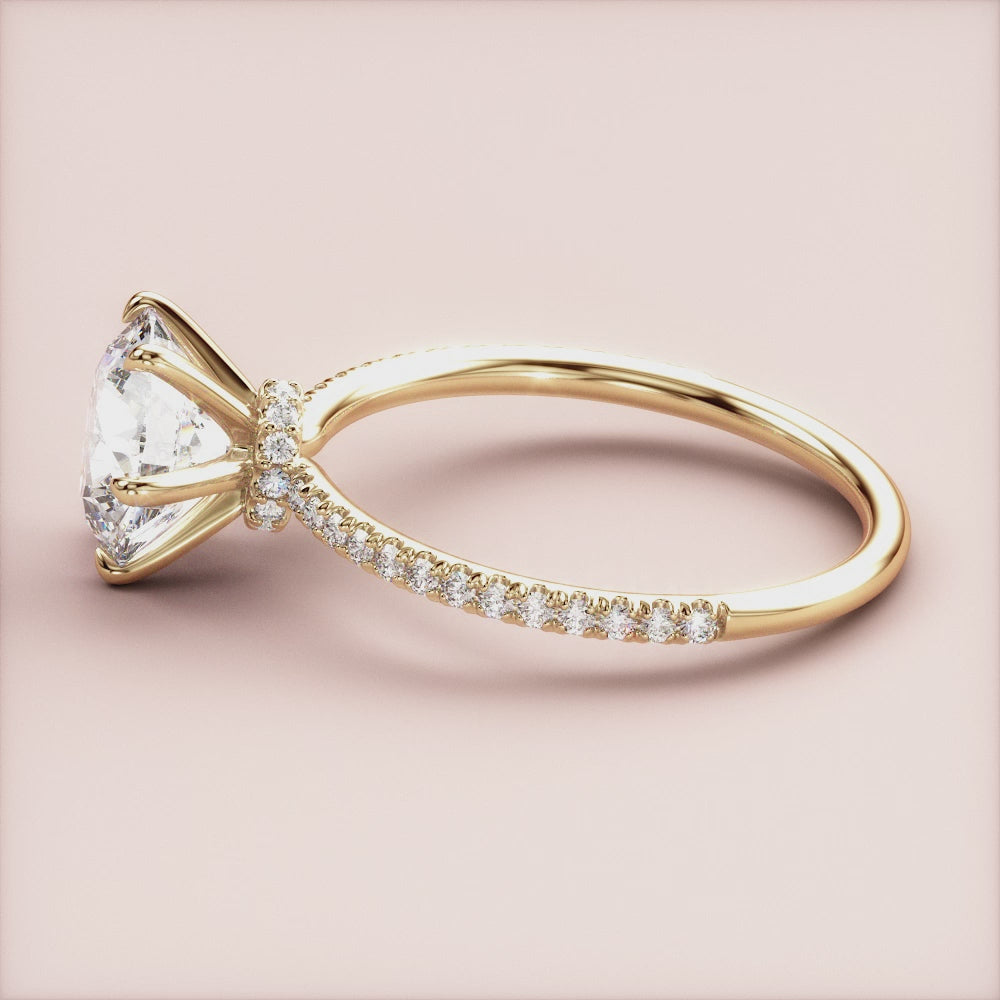 "14K Yellow Gold Janus Round Solitaire Halo Collar Pave Band Engagement Ring â€“ Timeless elegance and brilliant sparkle.|




#14KRecycledYellowGold
#18KRecycledYellowGold





"
