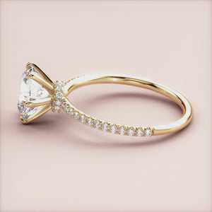 "14K Yellow Gold Janus Round Solitaire Halo Collar Pave Band Engagement Ring â€“ Timeless elegance and brilliant sparkle.