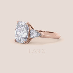 Video of Rose Gold 14K three stone cushion diamond Engagement Ring - Elegant design for timeless romance. 