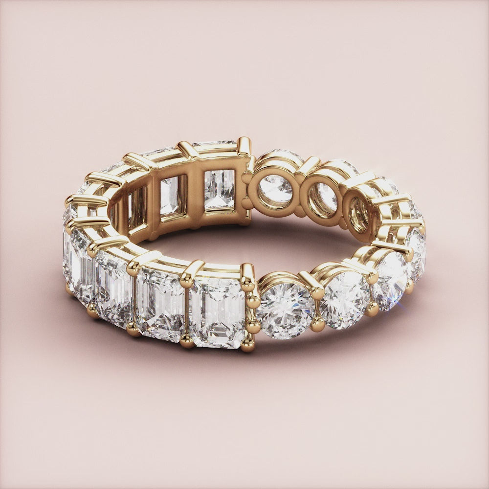 Elegant yellow gold wedding band, 14K or 18K, featuring emerald-cut diamondsâ€”timeless eternity design for luxurious style. |
 
 
 #14KRecycledYellowGold
 #18KRecycledYellowGold