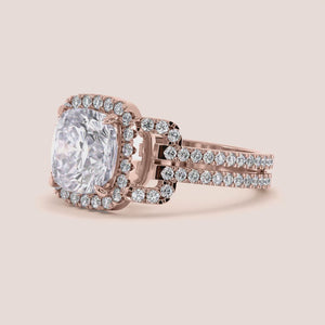 """14K Rose Gold cushion halo split shank engagement ring, exquisite design perfect for a romantic proposal, and timeless elegance.""