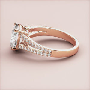 "Elegant 14K rose gold engagement ring featuring an oval cathedral split shank and pave band design, perfect for timeless romance.