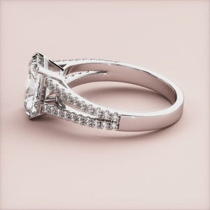 Radiant 14K white gold Danica split shank pave band engagement ring, showcasing exquisite design and brilliance.