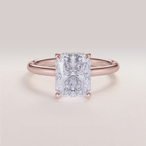 "Rose Gold 14K and 18K radiant hidden halo engagement ring with an invisible gallery and plain band, perfect for timeless elegance.