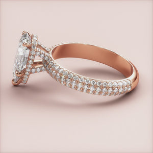 "Rose Gold 14K pear engagement ring with hidden halo and 3D pave accents, perfect for timeless elegance and unforgettable moments.