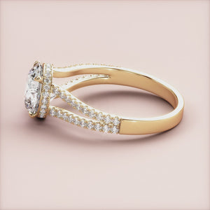 14K Yellow Gold Solar Engagement Ring with Round Hidden Halo, Split Shank, and Pave Band - Elegant Bridal Jewelry Option 