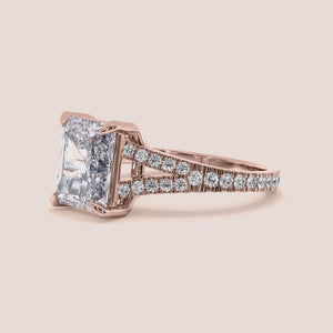 Rose Gold 14K radiant split shank cathedral engagement ring, elegant design, perfect for symbolizing everlasting love.