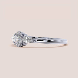 """14K White Gold Oval Small Three Stone Engagement Ring with Pear Side Stones â€“ Elegant and Timeless Design""