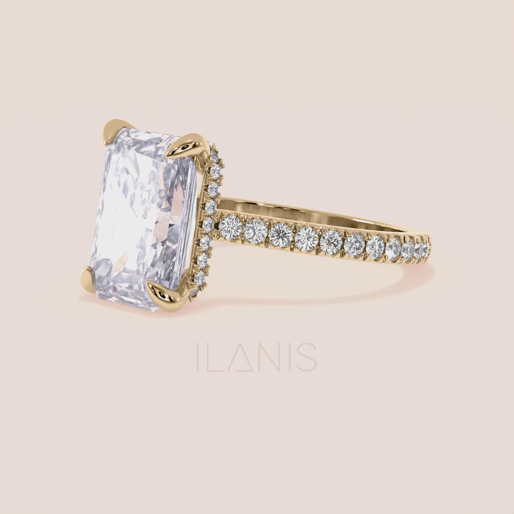 Vertical side view of yellow gold radiant cut diamond engagement ring with pavé band, showcasing craftsmanship, structure and fine diamond setting | #14KRecycledYellowGold #18KRecycledYellowGold