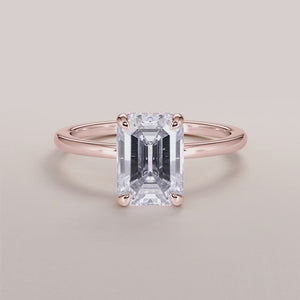 Rose Gold 14K and 18K Libra Emerald Hidden Halo Engagement Ring with a Elegant Plain Band, Sophisticated and Timeless Design.