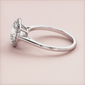"Elegant 14K white gold round halo engagement ring with cathedral setting, featuring a sleek plain band for timeless beauty.