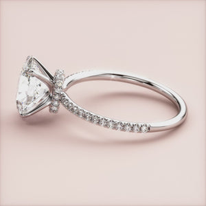 "14K white gold oval solitaire halo collar engagement ring with pave band, perfect for timeless elegance and romantic proposals.
