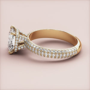 "Elegant 14K yellow gold Elara cushion engagement ring with hidden halo and 3D pave accents, perfect for timeless romance.