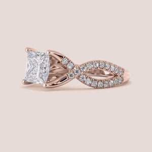 Elegant 14K/18K gold or platinum princess cut diamond ring with intricate infinity design, adorned with smaller diamonds.