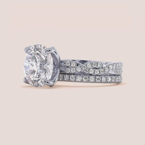 Radiant cut diamond engagement ring in 14K or 18K white gold or platinum with Pave diamond band, front view.