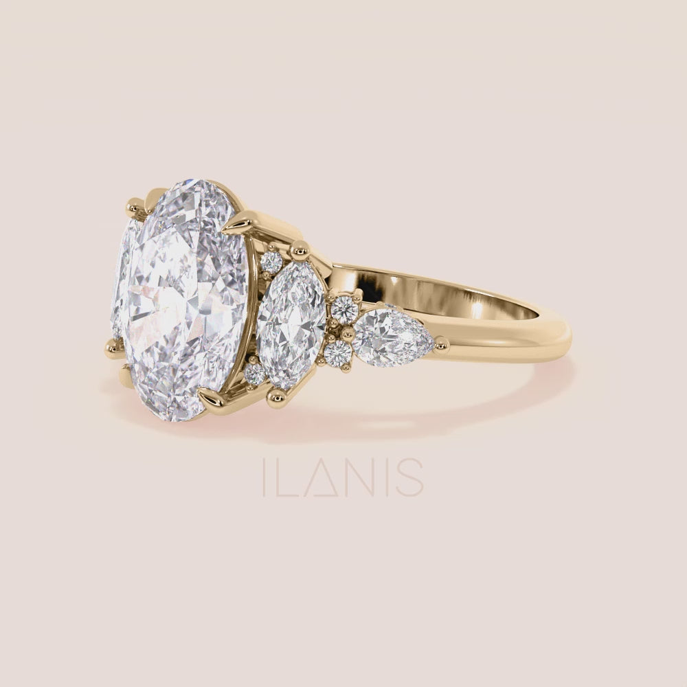 Oval diamond engagement ring yellow gold three stone setting with pear side stones, romantic and timeless engagement ring inspiration | #14KRecycledYellowGold #18KRecycledYellowGold