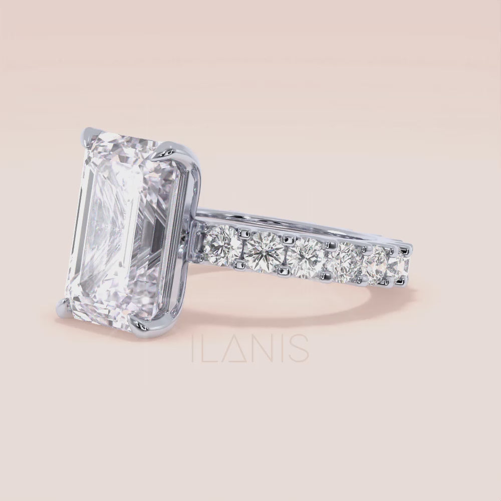 Emerald cut diamond engagement ring white gold with full diamond band, romantic and elegant bridal ring inspiration | #14KRecycledWhiteGold #18KRecycledWhiteGold #Platinum